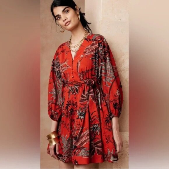 NWT Banana Republic Red Floral Leaves Mini Cotton Cocktail Mini Dress Petite XS - Picture 2 of 9